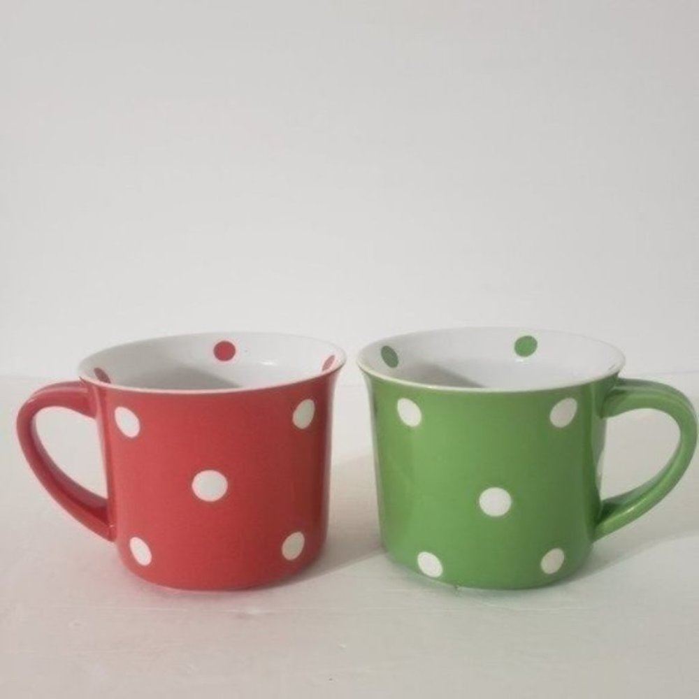 Bundle Of 2 Chef Style Polk-A-Dot Coffee Cups Mug 16 OZ Salmon & Green
